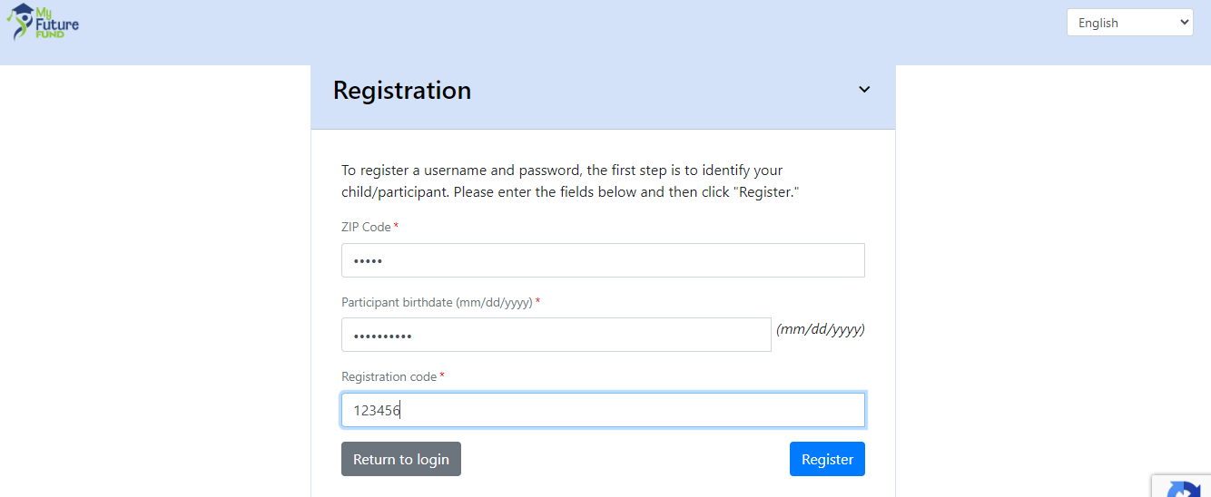 Family Portal Registration Page Sample with place to add Registration Code, Date of Birth and Zipcode.